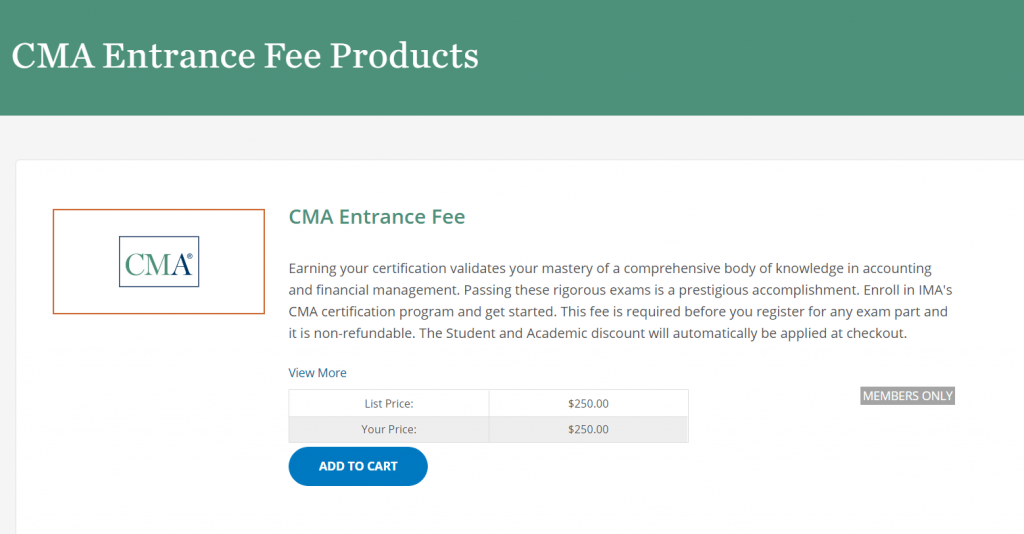 Screenshot of page for CMA Entrance Fee Products