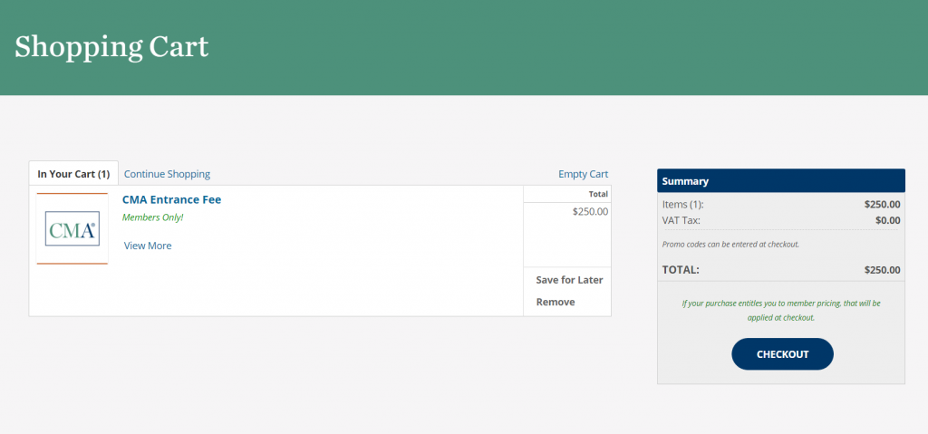Screenshot of shopping cart page for CMA exam entrance fee