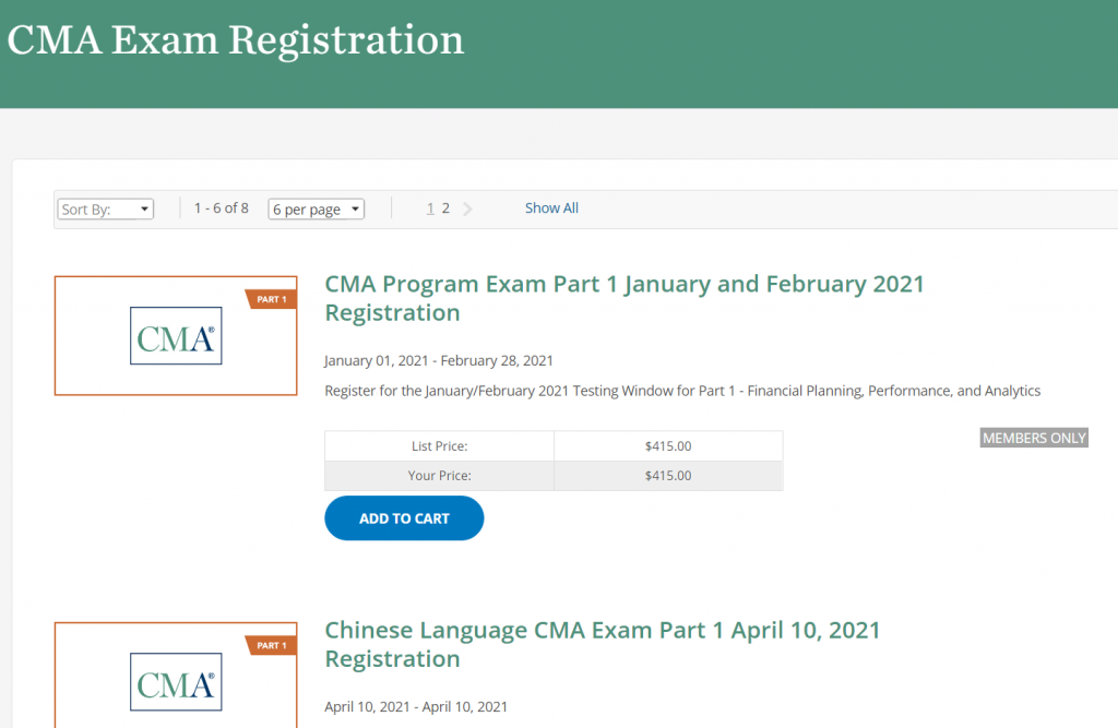 Screenshot of CMA Exam Registration page showing options for an English testing window and a Chinese testing window