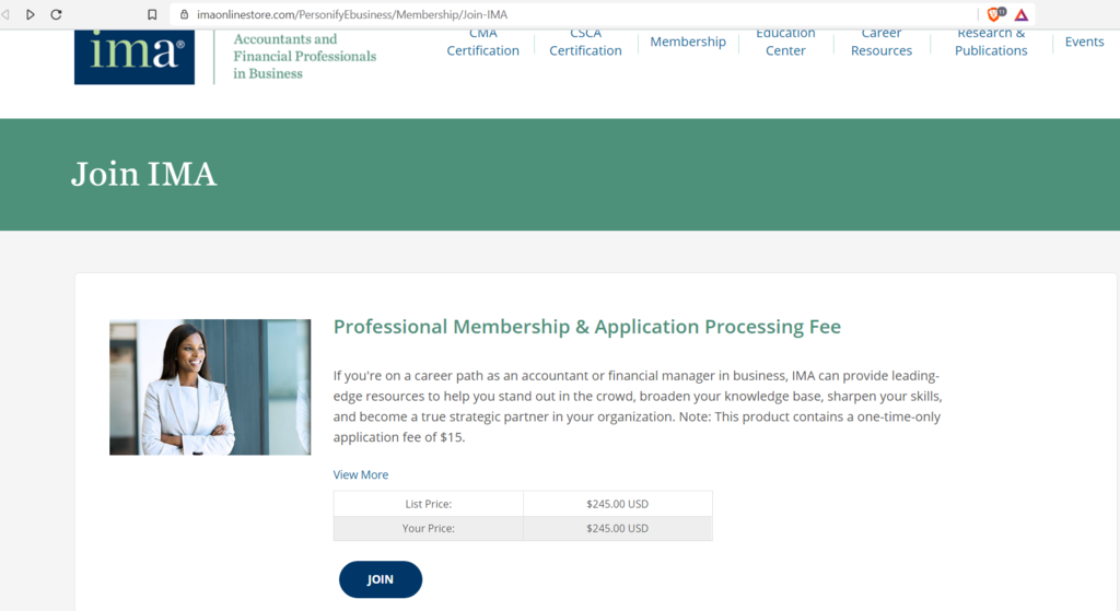 A screenshot of IMA registration page