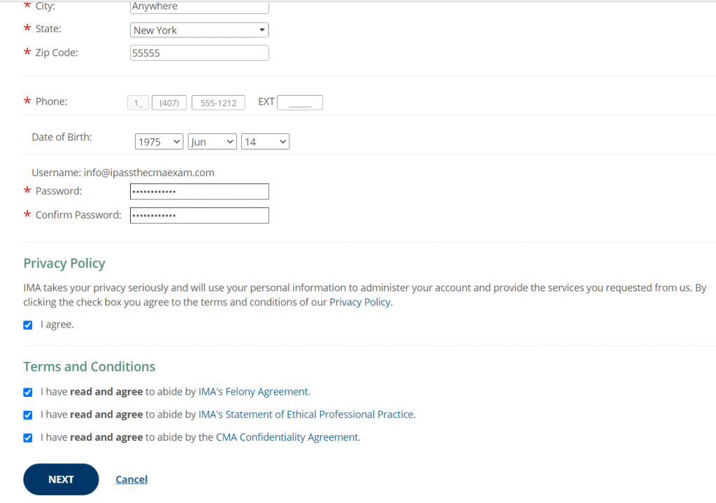 Screenshot of the end of the contact information form, with blanks for phone number, date of birth, and password